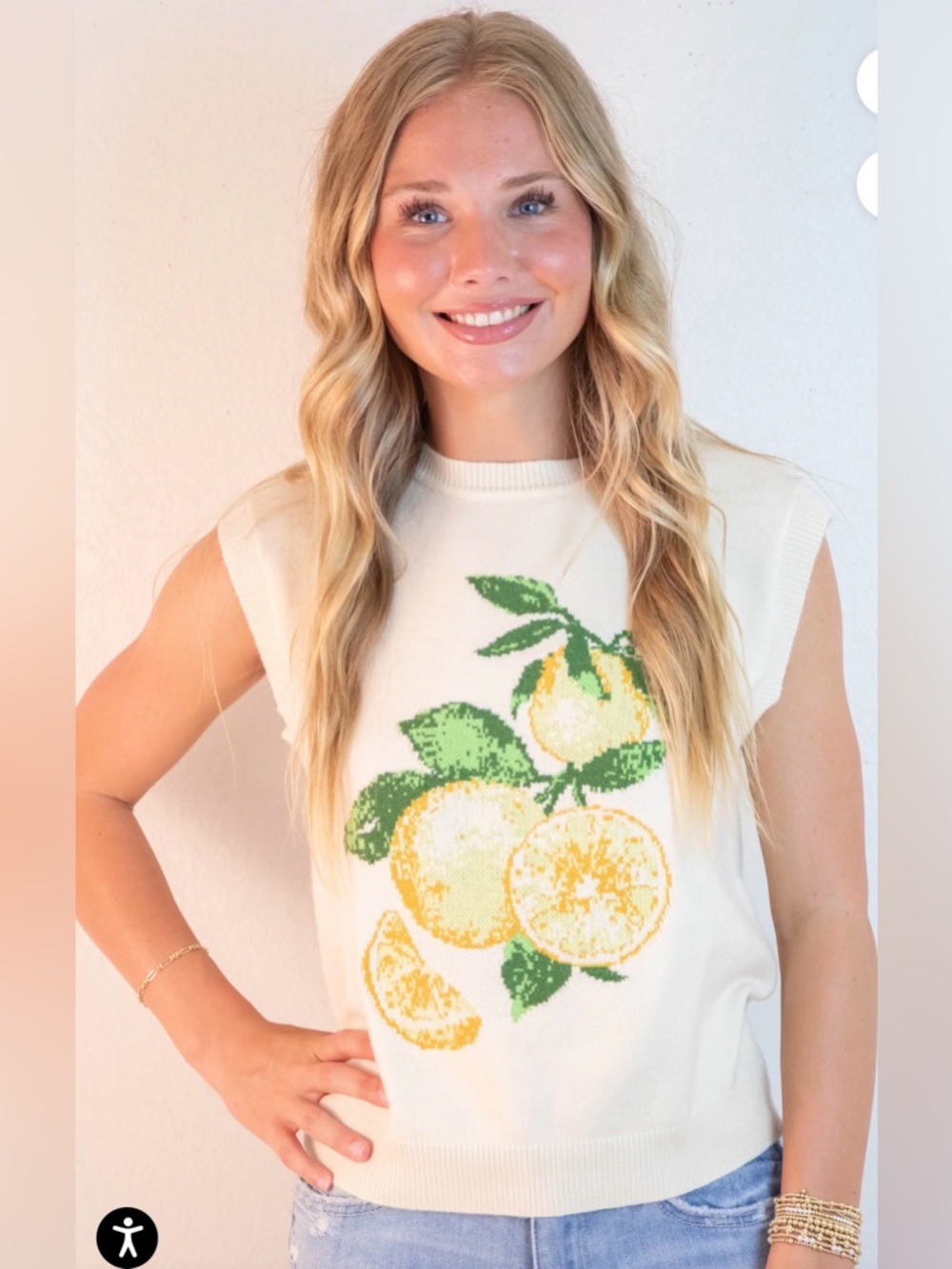 Olivia Grey Lemon print, top knit sz L cream - Picture 1 of 9